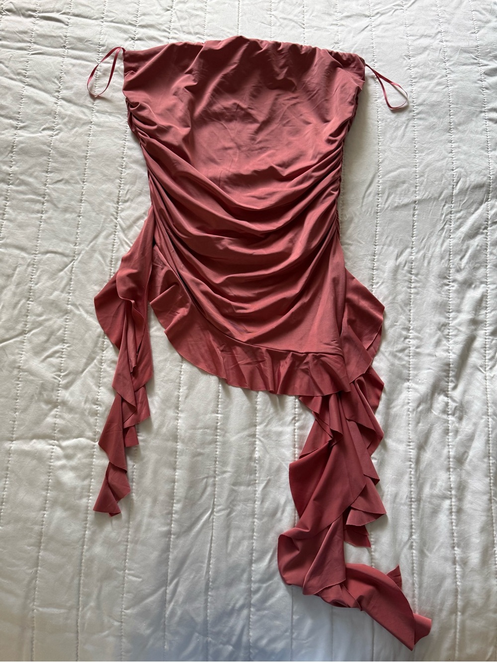 Asymmetrical Ruffle Strapless Top in Dusty Rose
